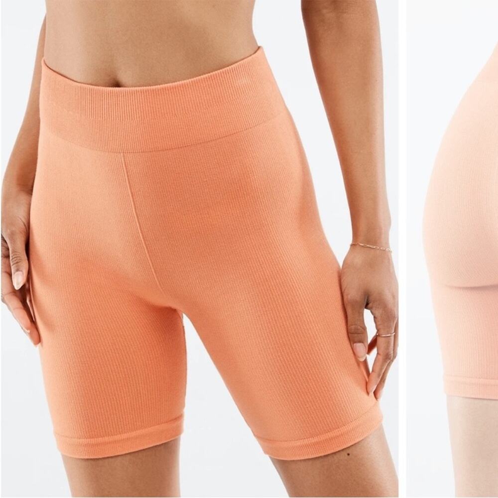 Fabletics High Rise Ribbed Tangerine Orange Athletic Biker Shorts Size M